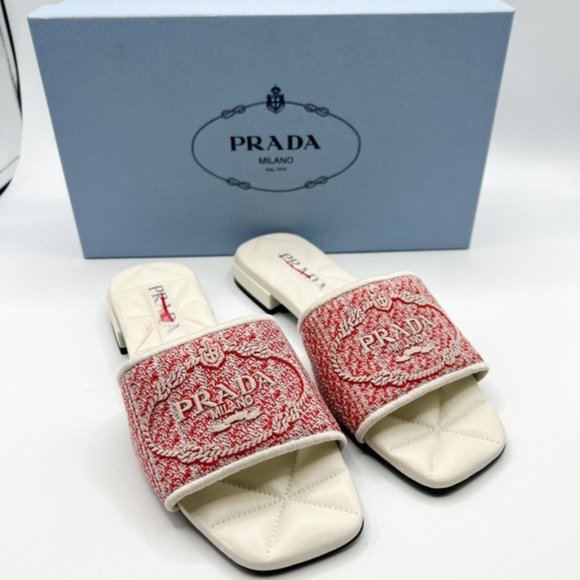 PRADA Logo Jacquard Slide Sandal White and Red Store Display Shoe - Picture 4 of 13